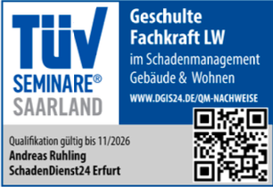 TÜV-Saarland-Nachweis: Andreas Ruhling, geschulte Fachkraft im Schadenmanagement Gebäude & Wohnen, gültig bis 11/2026